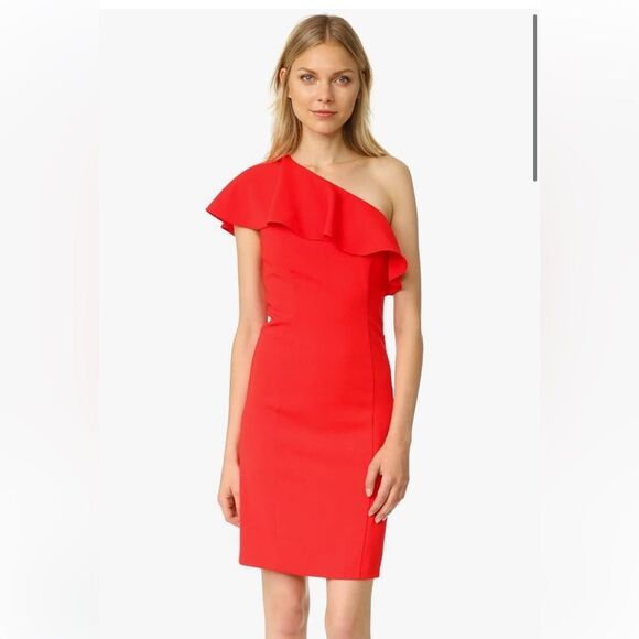 Amanda Uprichard Orange Red One Shoulder Dress Ruffle Sz L - Picture 1 of 15